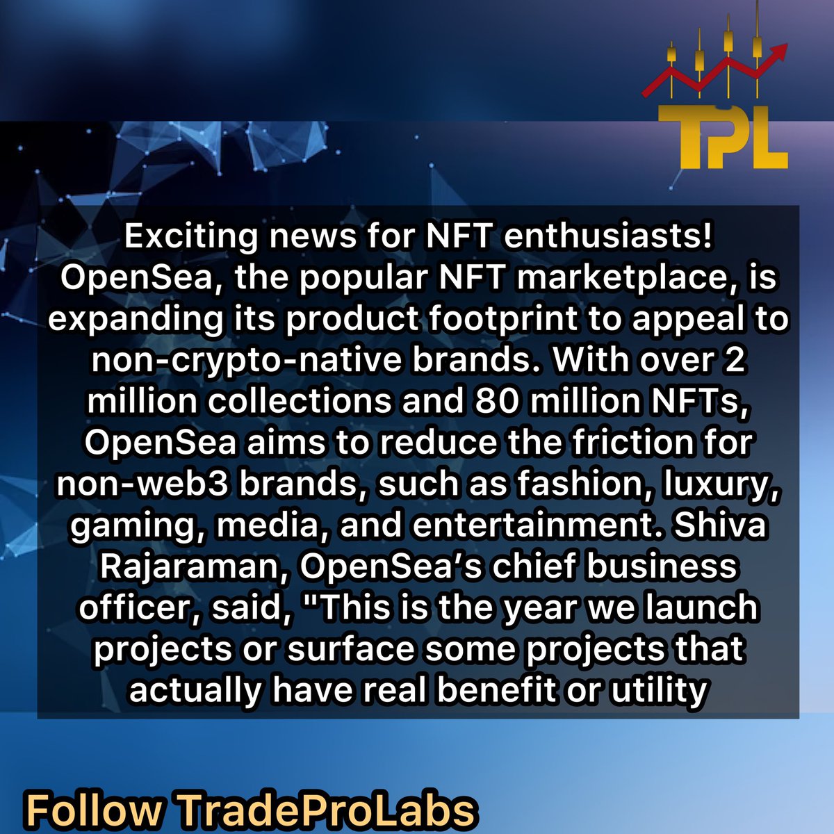 tradepro_labs's tweet photo. What is @opensea and how is it expanding its product footprint to appeal to non-crypto-native brands? 
#CryptoCommunity #noncrypto #nft #web3community #web3 
#opensea ! 
Follow TRADE PRO LABS ☀️ 
Get in touch with one of our team members 👇🏼

https://t.co/6JjDjnQClw https://t.co/n7qxfsn5Wh