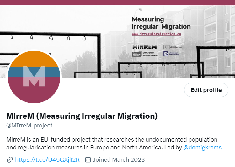 ✨Interested in (irregular) #migration?

We're a new EU project that researches the undocumented population and regularisation measures in Europe and North America. Our name is MIrreM, for "measuring irregular migration".

📲 Follow us for new data, estimates &amp; analysis!