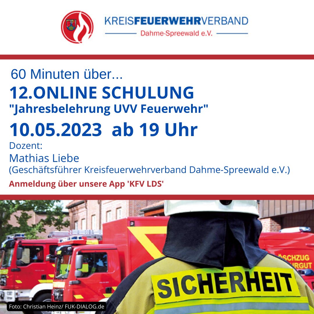 ☑️Online Schulung "Jahresbelehrung UVV Feuerwehr"☑️
👉👉👉10.05.2023 ab 19.00 Uhr👈👈👈
#WIR freuen uns auf Eure Anmeldungen unter kfv-lds.de 🙂