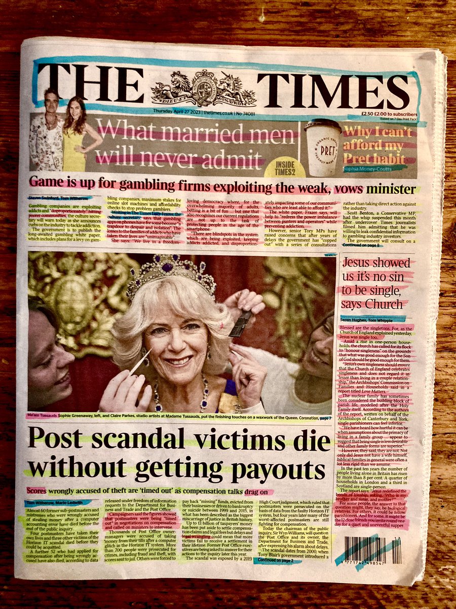 Bringing back the (occasional) newspaper front page breakdowns to look at today’s Times. 

Red — opinion, statement 
Green — largely factual 
Blue — page furniture 
Yellow — from briefing 
Pink — tabloidism/journalese