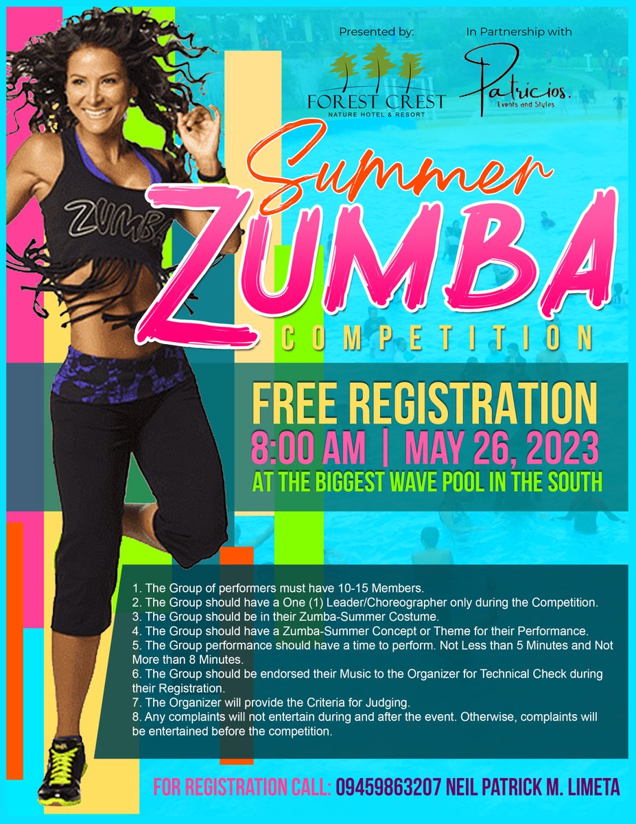 forest_crest's tweet photo. Let's get sweat!

Join the first Summer Zumba Competition this Coming Summer Fun Festival at Forest Crest Nature Hotel &amp; Resort.

For registration contact Mr. Neil Patrick M. Limeta at 0945 986 3207.
or click this Google form:
https://t.co/GD7sSji1qj

Stay tuned for more! https://t.co/lpal9kiy37