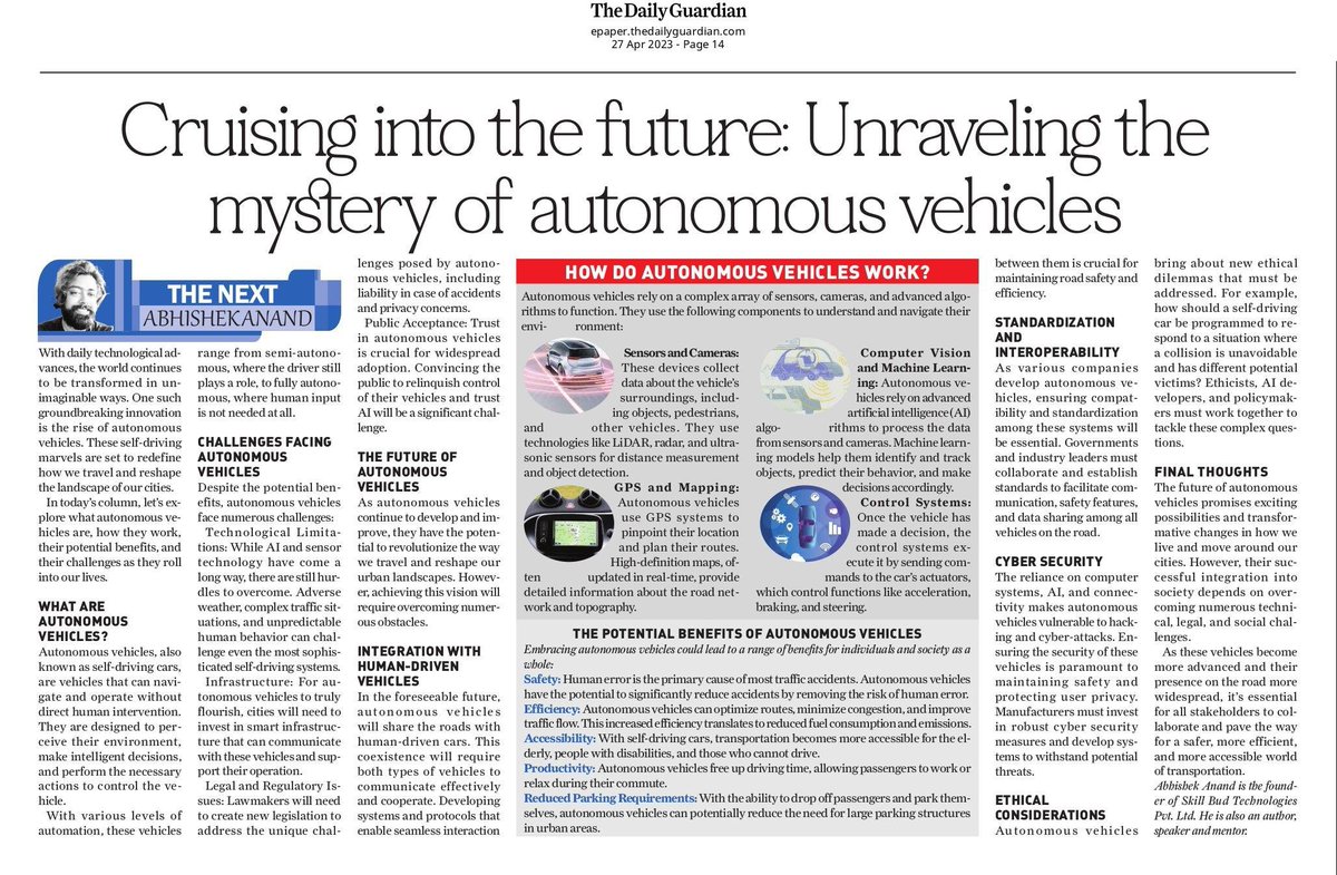 Check out my latest article about ' Autonomous Vehicles ' in my weekly column 'The Next' at 'The Daily Guardian' here: 
epaper.thedailyguardian.com/clip/1703

#autonomousvehicles #artificialintelliegence #weeklycolumn #beardynerd #linkedin #business #entrepreneurs #entrepreneurlife #ai