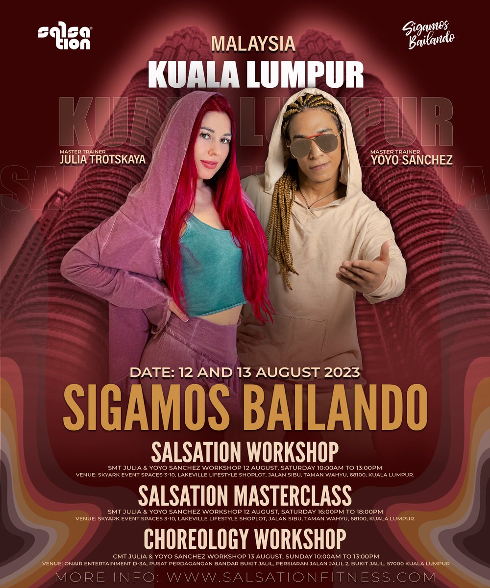 DjYoyoSanchez's tweet photo. MALAYSIA KUALA LUMPUR. 

SMT Russia @juliatrotsky and our 
SMT Malaysia @djyoyosanchez 
#sigamosbailandoasia #salsationfitness #salsationmalaysia #salsationsabah #salsationmalaysia #sharethelove #salsationfamily #hookedonsalsation #lovesalsation #salsationteam https://t.co/QjQarGxlSS