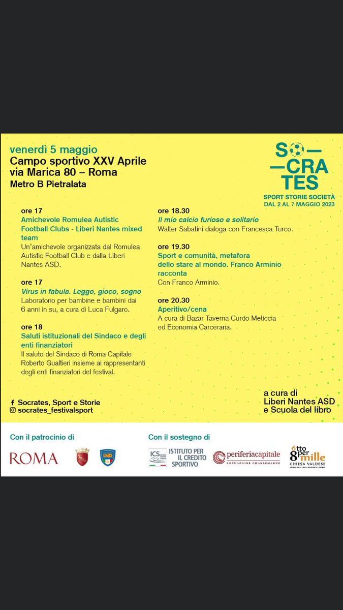 libnantes's tweet photo. Manca poco al calcio d'inizio per Socrates. Sport Storie Società, il festival di cultura e letteratura sportiva che stiamo organizzando con @scuoladellibro 
2-7 maggio, #Pietralata, #Roma
Patrocini: @Roma @LegaDilettanti
Qui il programma 👇 https://t.co/YOHTADdfwK