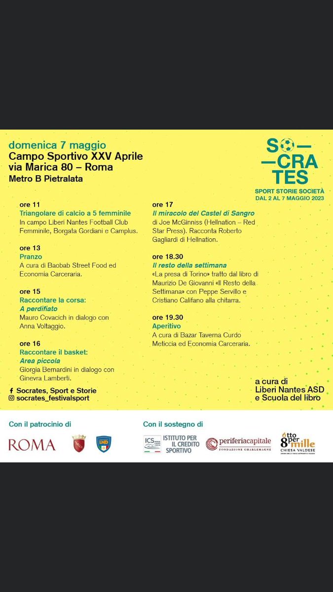 Manca poco al calcio d'inizio per Socrates. Sport Storie Società, il festival di cultura e letteratura sportiva che stiamo organizzando con @scuoladellibro 
2-7 maggio, #Pietralata, #Roma
Patrocini: <a href="/Roma/">Roma</a> <a href="/LegaDilettanti/">LND</a>
Qui il programma 👇