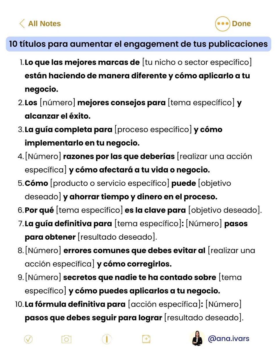 AnaIvarsParcero's tweet image. Hoy quiero compartir contigo una lista de 10 títulos impactantes que puedes utilizar para aumentar el engagement de tus publicaciones✅.

#estrategiadigital #MarketingDigital #engagement