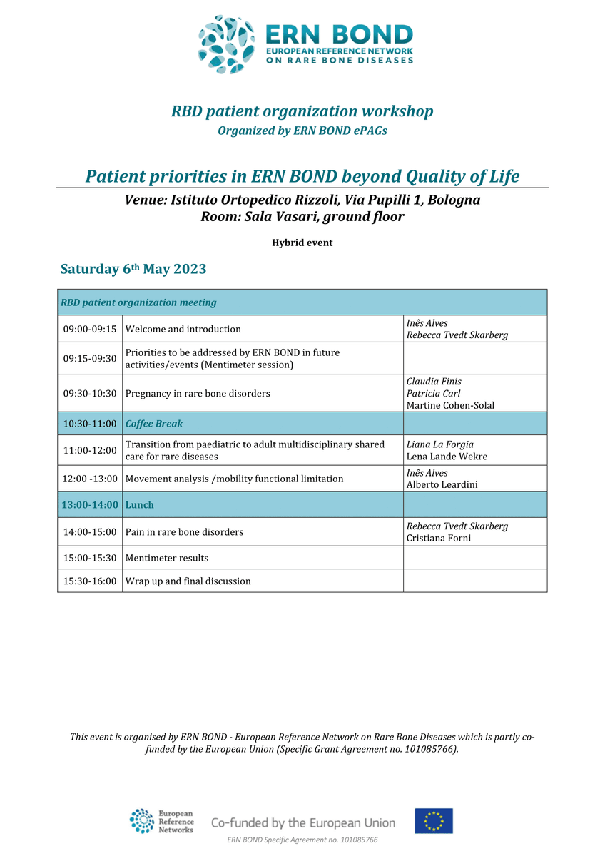 ern_bond's tweet photo. Workshop "Patient priorities in ERN BOND beyond Quality of Life" organised by ERN BOND ePAGs. 

📍 Istituto Ortopedico Rizzoli, Via Pupilli 1, Bologna
⏰ 6th May 2023, 9am-4pm (CEST)

Complete by April 30th 2023 the registration form  https://t.co/gXlWcZPQi1 https://t.co/DxZfZf45M1