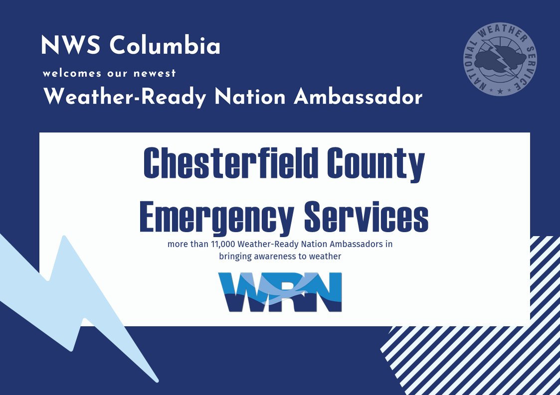 NWSColumbia's tweet photo. Congratulations to the Chesterfield County Emergency Services for becoming our latest Weather-Ready Nation Ambassador! To learn more about the @WRNAmbassadors program and to see a list of all current ambassadors, visit https://t.co/YP7EY7ihLc https://t.co/CYM8FUOV61