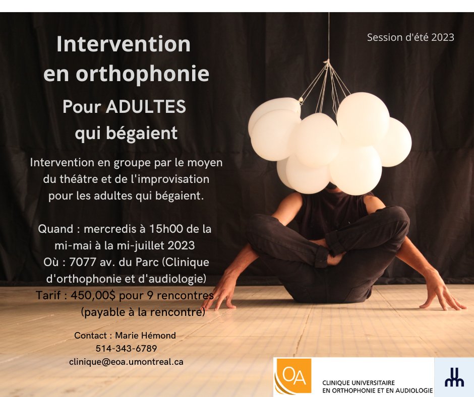 ABCbegaiement's tweet photo. Vous souhaitez participer à un atelier de théâtre pour les adultes qui bégaient?

La clinique d'orthophonie et d'audiologie organise une session théâtre et improvisation à partir de mi-mai.

Informations et inscriptions : clinique@eoa.umontreal.ca https://t.co/agyUV3knkJ