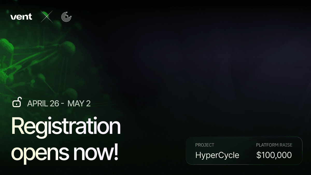 🔔HYPERCYCLE PUBLIC RAISE – Registration is now open! ⚡️🔥

 Register now &amp; complete your KYC for @HyperCycle_AI! – vent.ec/launch-hypercy… 

➡️Registration runs till the May 2nd – 8:00 PM UTC

📩More details at: t.me/ventfinance