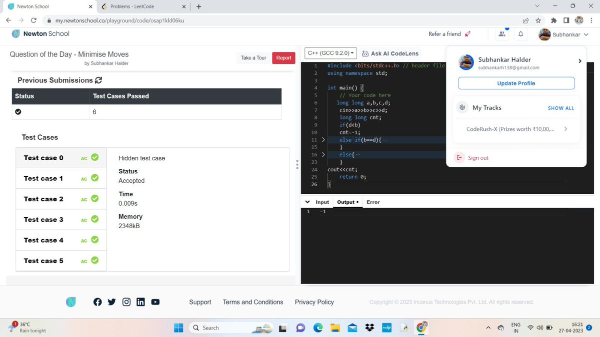 Subhankar938's tweet image. #day_13_of_101_days_of_code
Problem Name - Minimise Moves
#nsdiscord #codewithns #101daysofcodens
Language-C++
referral link:- my.newtonschool.co/register/certi…