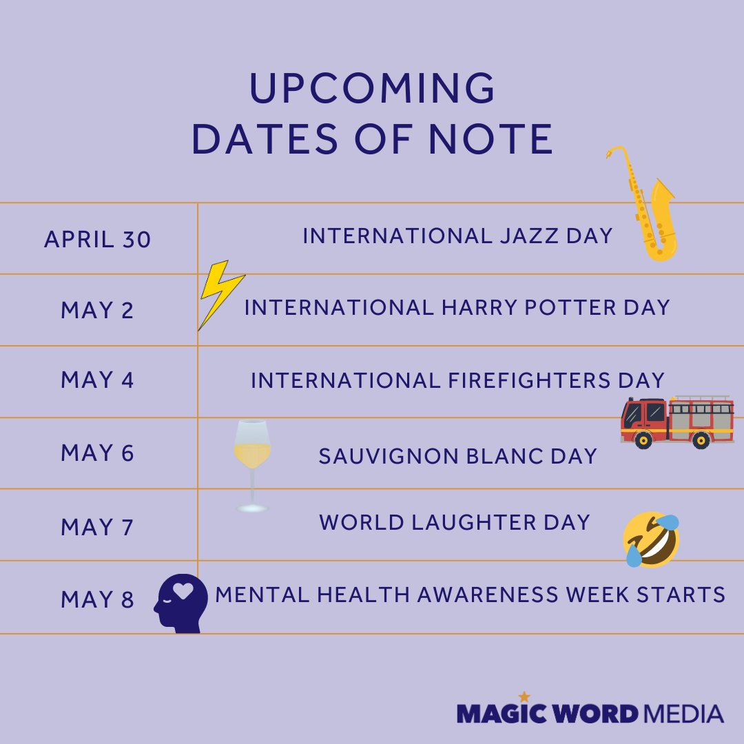 We're back with more days to mark in your diaries for next week ✍️

#internationaljazzday #internationalharrypotterday #internationalfirefightersday #sauvignonblancday #worldlaughterday #mentalhealthawarenessweek #socialmediamanagement #contentideas