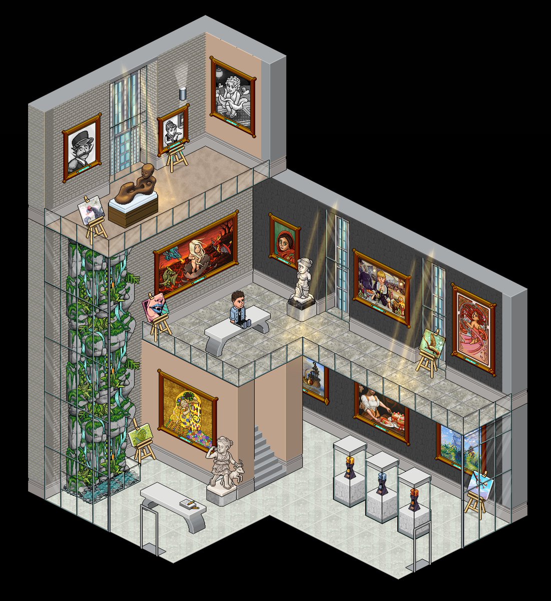 HabboFlashF's tweet photo. I'm happy to announce that I've finally finished my Art Gallery project on @Habbo_Staff ! 

Probably one of my most ambitious project in terms of building and collecting. The museum includes three wings with the full set of all 15 easels (only complete set in NL atm). https://t.co/DltQgyRkT8
