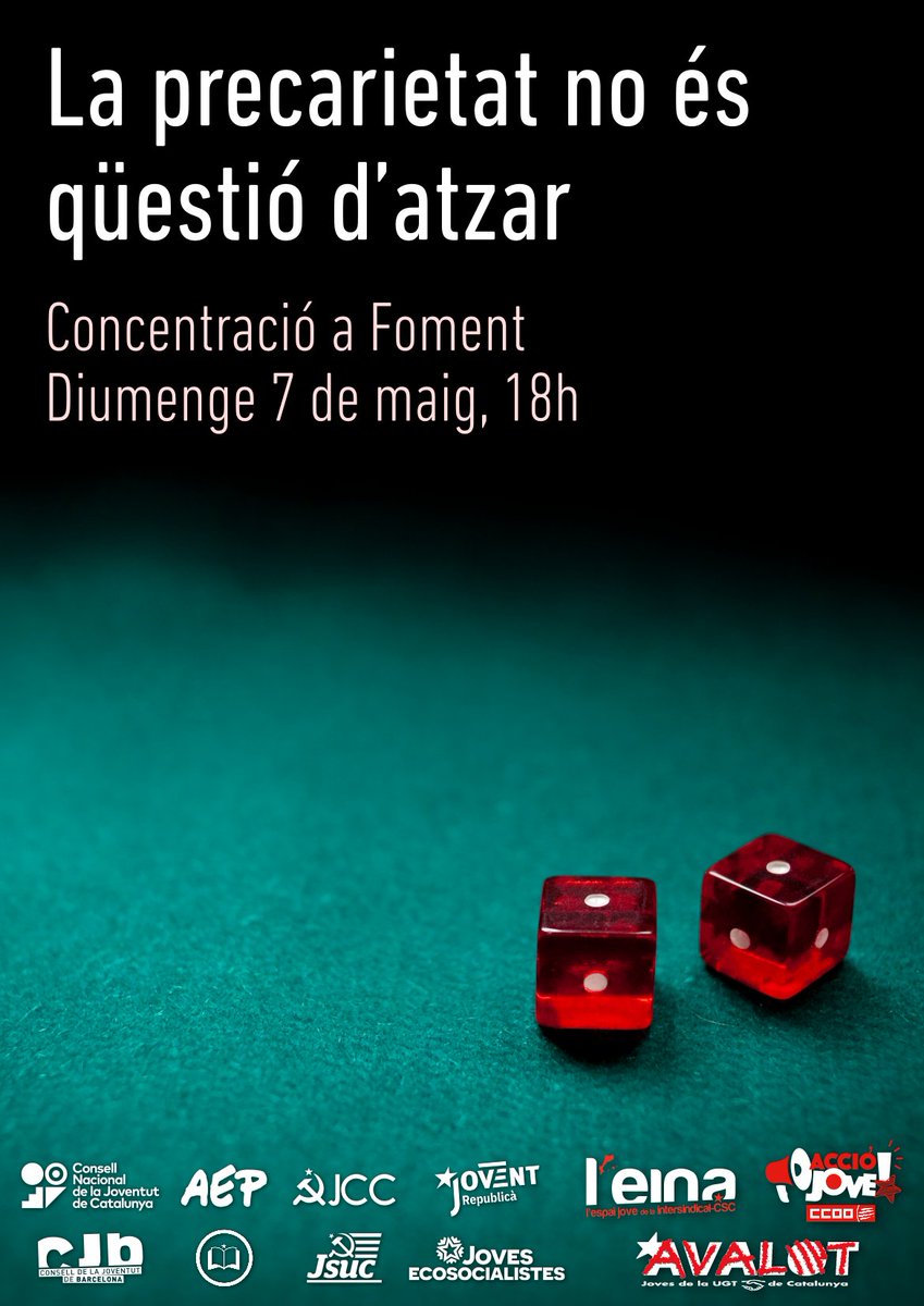‼️No tenim feines estables, mai tenim prou formació i arribar a final de mes tranquil·lament és una odissea.

🗣 Per denunciar que la situació de precarietat juvenil no és fruit de l'atzar, diferents organitzacions juvenils convoquem el #7M a les 18h davant de Foment del Treball