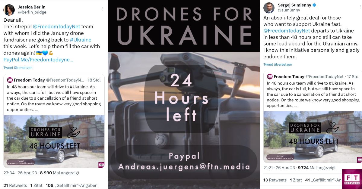 FreedomTodayNet's tweet photo. We have already collected enough money for a drone! There are 24 hours left until we head to Ukraine. We hope to be able to raise enough money for a second one!
If you want to help us, please send us a contribution through Paypal! 
https://t.co/tjYaCYQuoQ
#StandWithUkraine https://t.co/9QcWKlYoWg