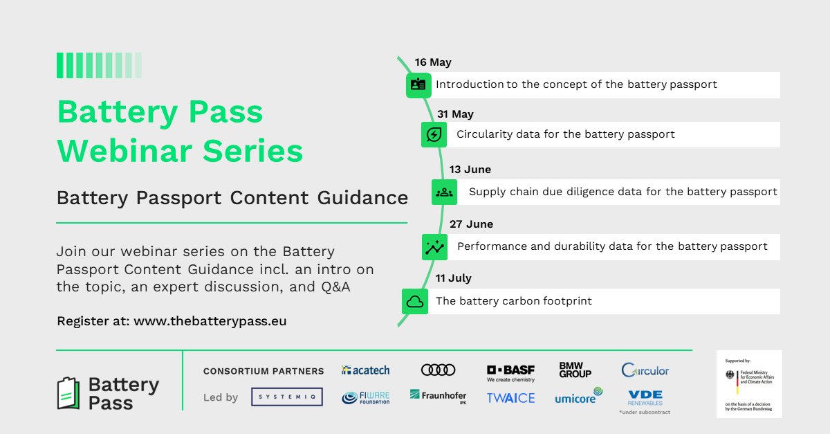💥Webinar Series on the Battery Pass " Content Guidance" 

In 5 webinars you have the opportunity to deepen the content requirements for the battery passport &amp; exchange ideas with experts in the field 

Register for free 👉thebatterypass.eu/event/battery-… 

#circulareconomy #batterypass
