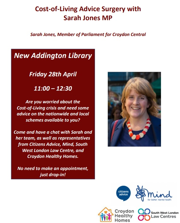 LabourSJ's tweet photo. I will be in New Addington Library tomorrow at 11am - 12:30pm providing advice to constituents on the cost-of-living along with @SWLLawCentres, 
 @CroyHealthyHome, @CitizensAdvice and @MindCharity.

Please come along if you think that we can help https://t.co/13uC0psNpT