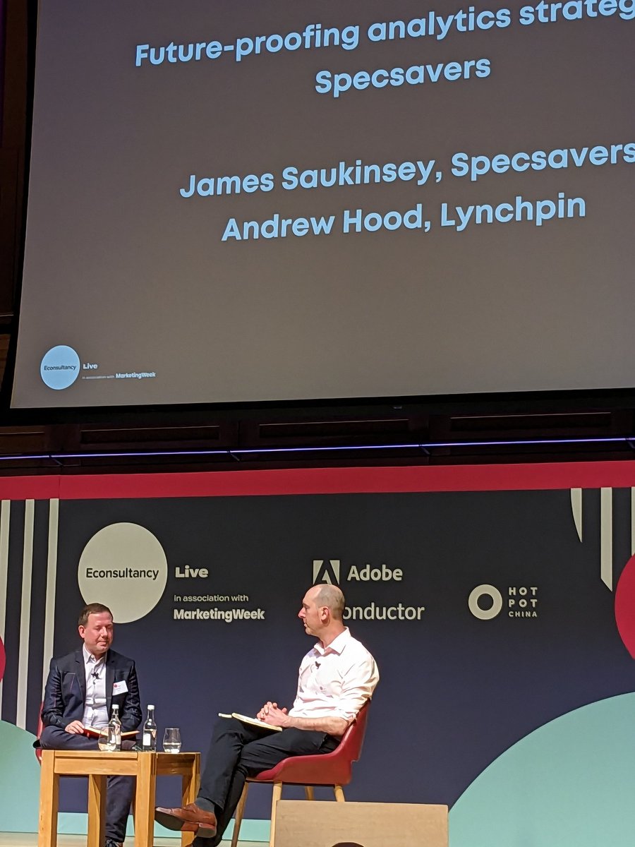 Econsultancy's tweet photo. Specsavers' James Saukinsey on the move from Universal Analytics to GA4:

"There's always a resistance to change, we've got to work through that, but we can see a good future ahead. One of the positives is we've had to reflect and consider why we are tracking things."

#econlive https://t.co/cM5xHTebzT