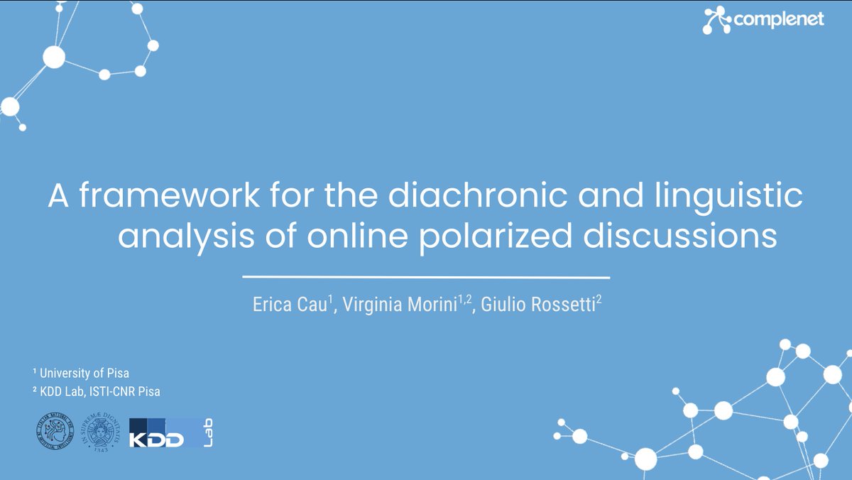 🚨Yesterday, at @CompleNet, I presented 'A framework for the diachronic and linguistic analysis of online polarized discussions', the great Master Thesis work by @CauErica, supervised by me and @GiulioRossetti. Preprint available soon! 🔥