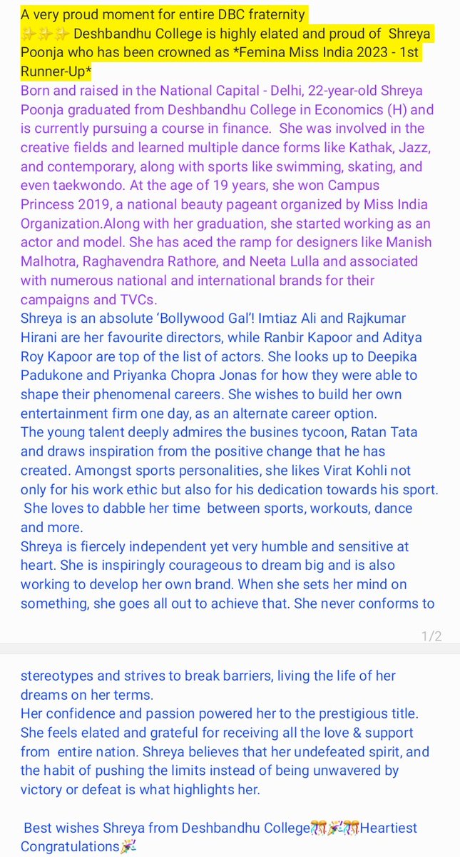 DeshbandhuColl1's tweet photo. A very proud moment for entire DBC fraternity. @DeshbandhuColl1  is highly elated and proud of  Shreya Poonja who has been crowned as #Femina_Miss_India_2023 -1st Runner-Up
Best wishes Shreya from Deshbandhu College🎊
Heartiest Congratulations🎉
@feminamissindia
@EduMinOfIndia https://t.co/bHKkTOkVmV