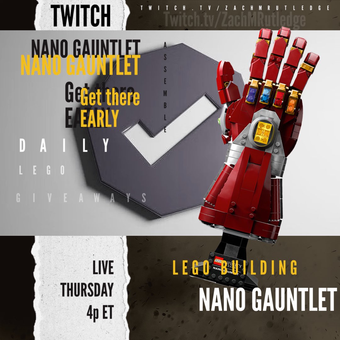 50 #RETWEET TIME! 

Live today at 4p ET on <a href="/Twitch/">Twitch</a> building the <a href="/LEGO_Group/">LEGO</a> Nano Gauntlet!

If we hit our retweet goal, I double the #Lego prize at the end of stream.

Click here >> twitch.tv/ZachMRutledge 

#LEGO #afol #marvel #avengers #DraftDay