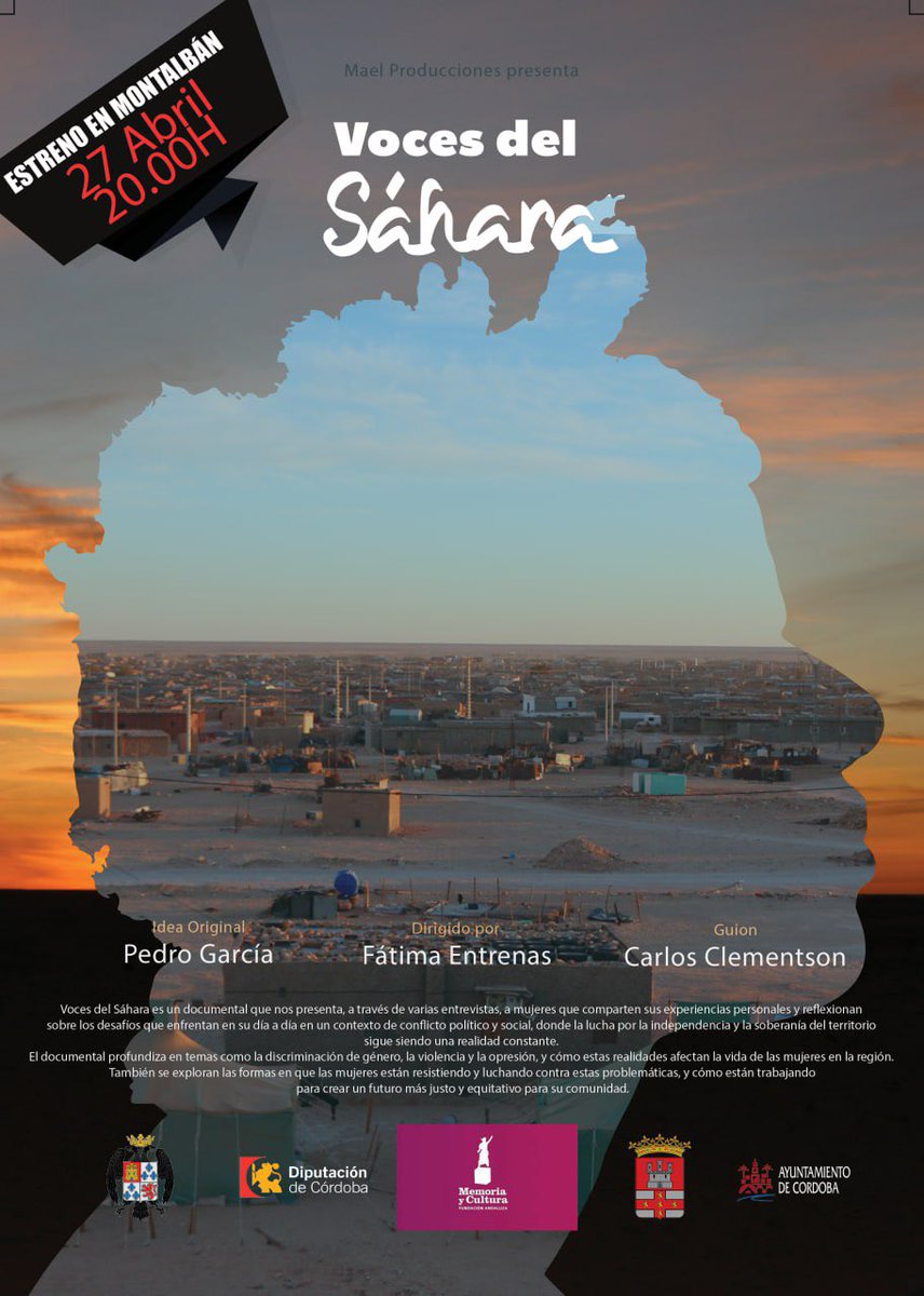 Os recordamos que esta tarde a las 20:00 horas en el Teatro Municipal de Montalbán, estrenamos el documental “Voces del Sáhara” allí nos vemos !!!