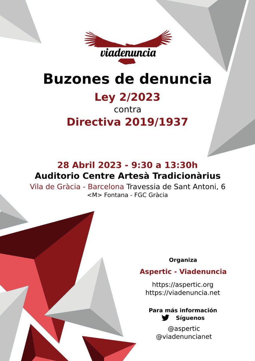 ViaDenunciaNET's tweet photo. Mañana os esperamos en las jornadas sobre buzones de denuncias de ASPERTIC y Viadenuncia en Barcelona. Si quereis saber como os afecta la ley 2/2023, no os perdais está magnífica oportunidad. Registro gratuito en https://t.co/c1R09s6TVh https://t.co/c9A31PAobX