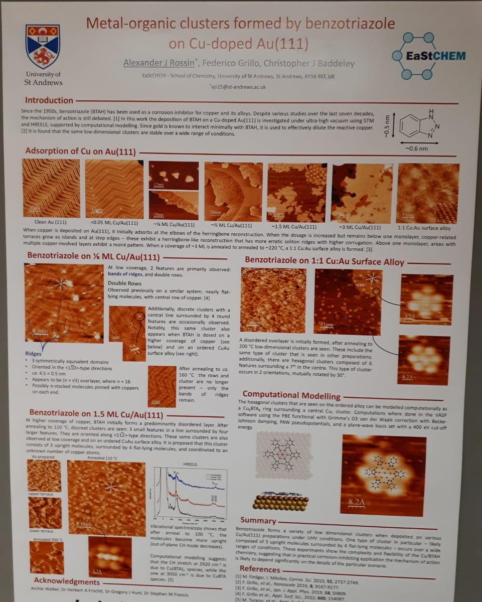 ioptfsg's tweet photo. Congratulations to Alexander Rossin, winner of the TFSG poster prize at #ISSC24! Alexander, a PhD student @StAndrewsChem, impressed  the judges with his work on "Metal-organic clusters formed by  benzotriazole on Cu-doped Au(111)". He'll receive an IOP certificate and £100! 🥳 https://t.co/2Btj1vWd5w