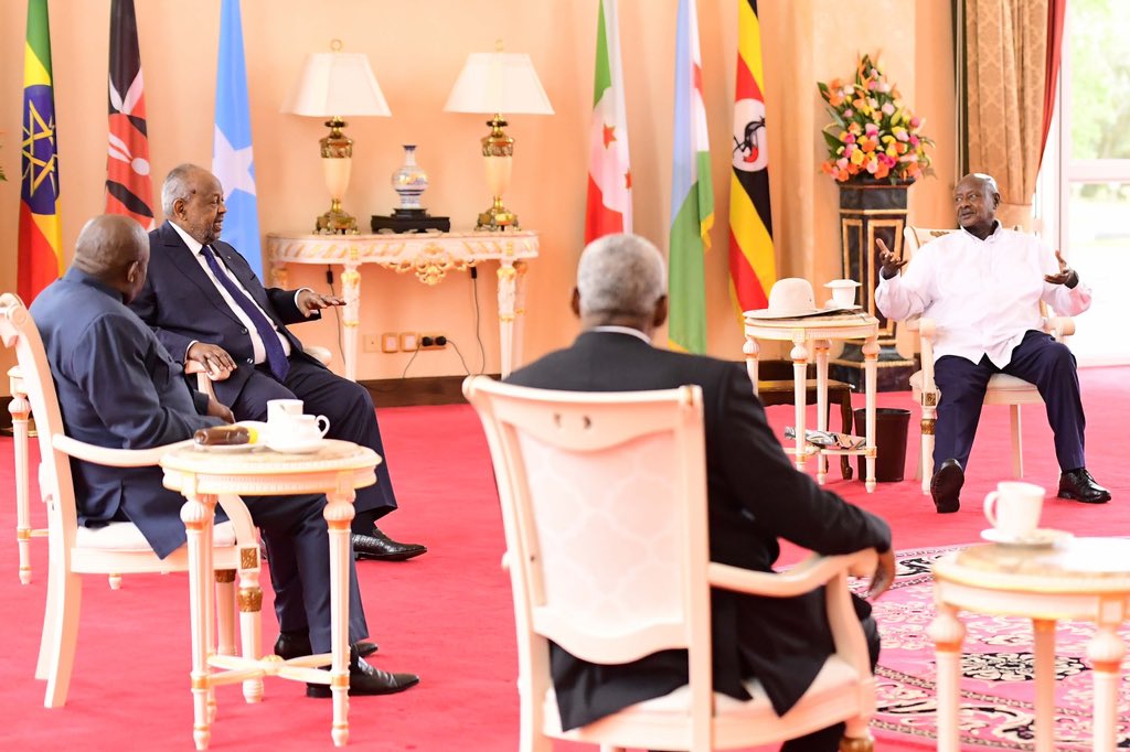 KagutaMuseveni's tweet photo. It is a pleasure to host my brothers, Their Excellencies; Hassan Sheikh Mohamud (Somalia),  Ismail Omar Guelleh (Djibouti),  Evariste Ndayishimiye (Burundi), William Ruto (Kenya) and Demeke Mekonnen (Ethiopia) at State House Entebbe, for the Heads of State Summit of the Troop Contributing Countries to the African Union Transition Mission in Somalia (ATMIS).