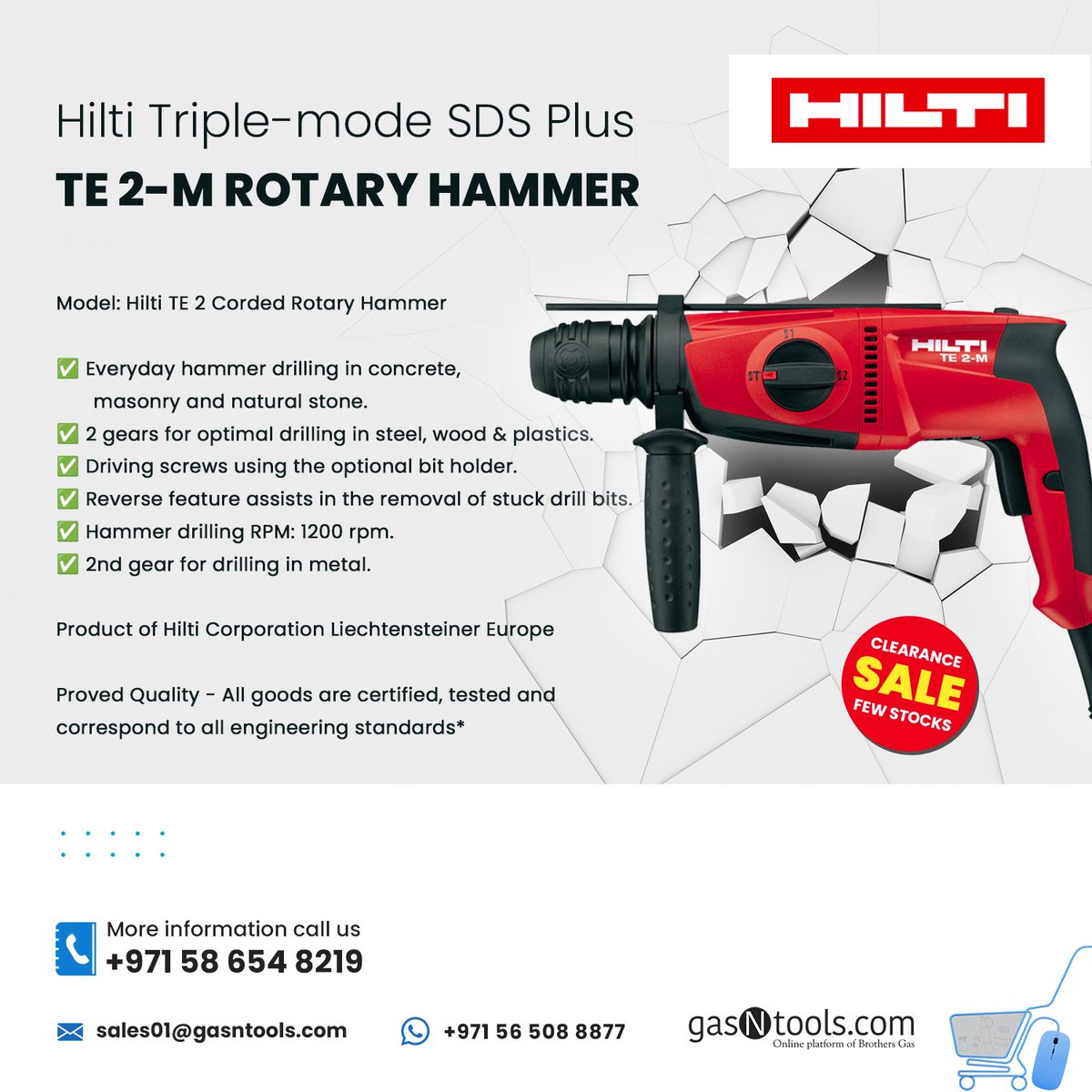 GasNtools's tweet image. Hilti Triple-mode SDS Plus TE 2-M Rotary Hammer – Liechtensteiner 🇱🇮

📞 Call: +971 58 654 8219
💬 24/7 WhatsApp: +971 56 508 8877
📧 sales01@gasntools.com
🌐 gasntools.com

#gasntools #hammermachine #powertools #concrete #masonry #MENA #UAE #KSA #africa #asia