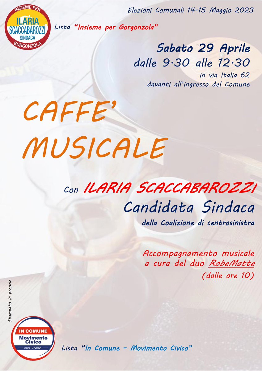 ListaIPG's tweet photo. Musica dal vivo e un caffè con #ilariascaccabarozzisindaca 
Ti aspettiamo sabato mattina dalle 9.30 alle 12.30 in via Italia 62 (davanti all'ingresso del comune) https://t.co/8s7C9V6rXO