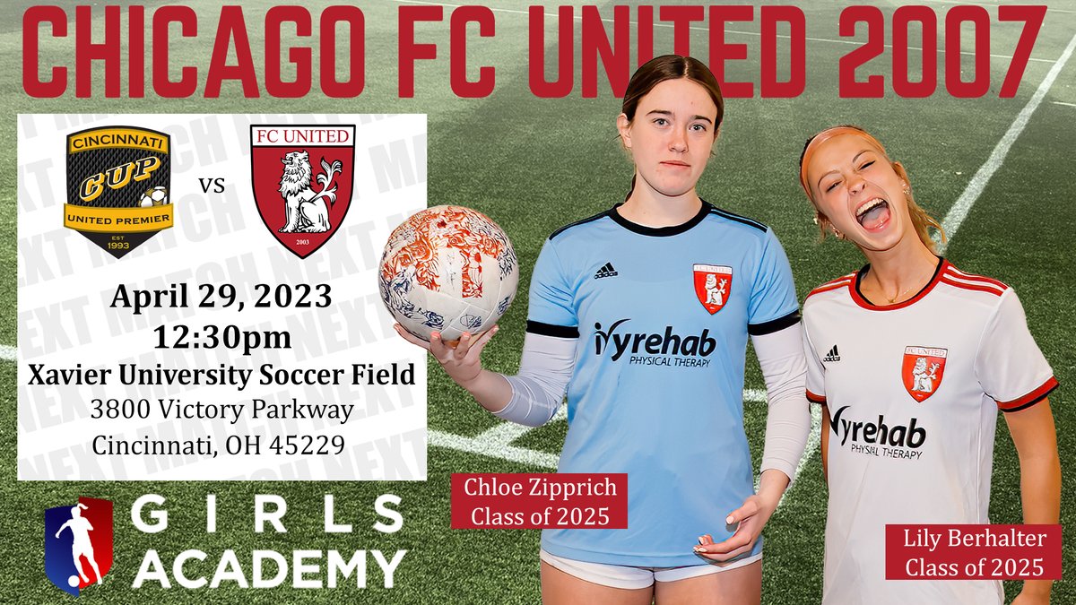 Chicago FC United 2007 Girls Academy Fans (@fcu2007ga) on Twitter photo Come see the <a href="/ChicagoFCUnited/">Chicago FC United</a> 2007 <a href="/GAcademyLeague/">Girls Academy</a> take on <a href="/CUPGirlsGA/">CUP Girls Academy</a> at the <a href="/XavierWSOC/">Xavier Women's Soccer</a> stadium the Sat April 29, 2023 at 12:30pm
<a href="/OhioStateWSOC/">The Ohio State Women’s Soccer</a> <a href="/OhioWSoccer/">Ohio Soccer</a> <a href="/GoBearcatsWSOC/">Cincinnati Women's Soccer</a> <a href="/DaytonWSoccer/">Dayton Women's Soccer</a> <a href="/cwruwsoc/">CWRU Women’s Soccer</a> <a href="/MiamiOH_Soccer/">Miami Soccer</a> <a href="/KentStSoccer/">Kent State Soccer</a> <a href="/Yeo_WSOC/">Oberlin College Soccer</a> <a href="/ToledoSoccer/">Toledo Soccer</a> @bgsuwsoc <a href="/ZipsWSOC/">Akron Women's Soccer</a> Come see the <a href="/ChicagoFCUnited/">Chicago FC United</a> 2007 <a href="/GAcademyLeague/">Girls Academy</a> take on <a href="/CUPGirlsGA/">CUP Girls Academy</a> at the <a href="/XavierWSOC/">Xavier Women's Soccer</a> stadium the Sat April 29, 2023 at 12:30pm
<a href="/OhioStateWSOC/">The Ohio State Women’s Soccer</a> <a href="/OhioWSoccer/">Ohio Soccer</a> <a href="/GoBearcatsWSOC/">Cincinnati Women's Soccer</a> <a href="/DaytonWSoccer/">Dayton Women's Soccer</a> <a href="/cwruwsoc/">CWRU Women’s Soccer</a> <a href="/MiamiOH_Soccer/">Miami Soccer</a> <a href="/KentStSoccer/">Kent State Soccer</a> <a href="/Yeo_WSOC/">Oberlin College Soccer</a> <a href="/ToledoSoccer/">Toledo Soccer</a> @bgsuwsoc <a href="/ZipsWSOC/">Akron Women's Soccer</a>