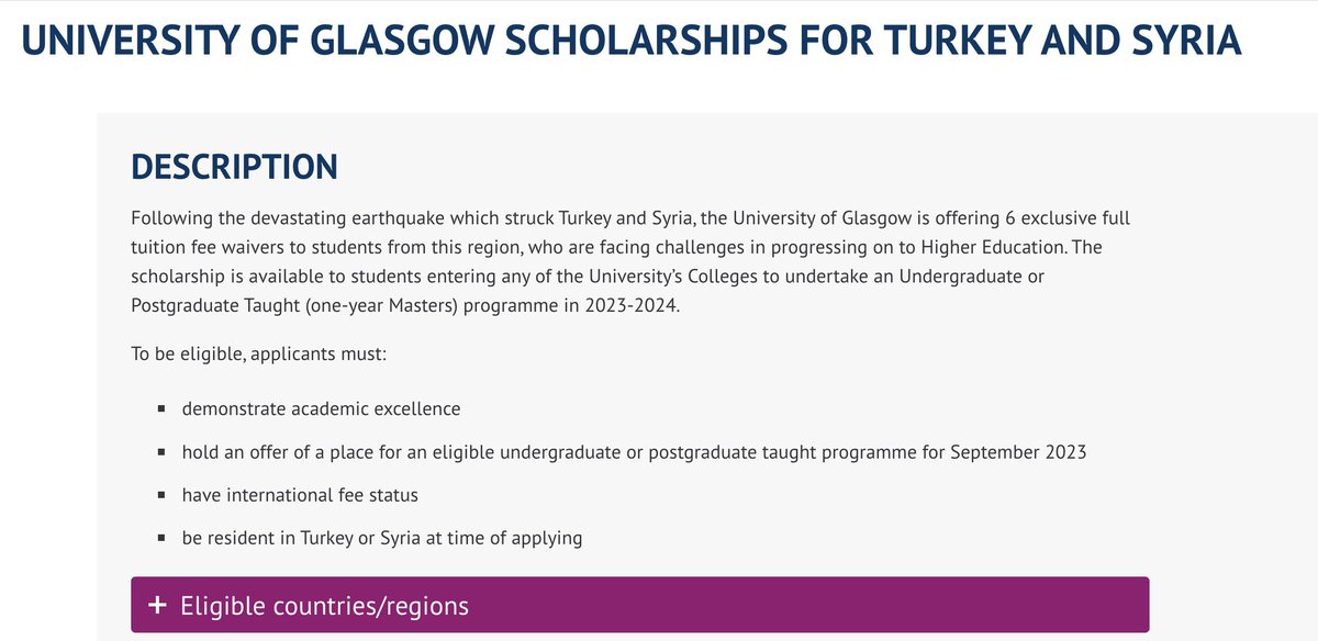 University of Glasgow Türkiye ve Suriye'den depremzede öğrenciler için burs programı (okul harcı) duyurdu.
Lisans ve Yüksek Lisans hemen hemen her program mevcut. 
Başvurular 30 Haziran'a kadar. Yayalım tüm depremzedelere ulaşsın.

Bu sayede Türkiye'deki özel üniversiteler de