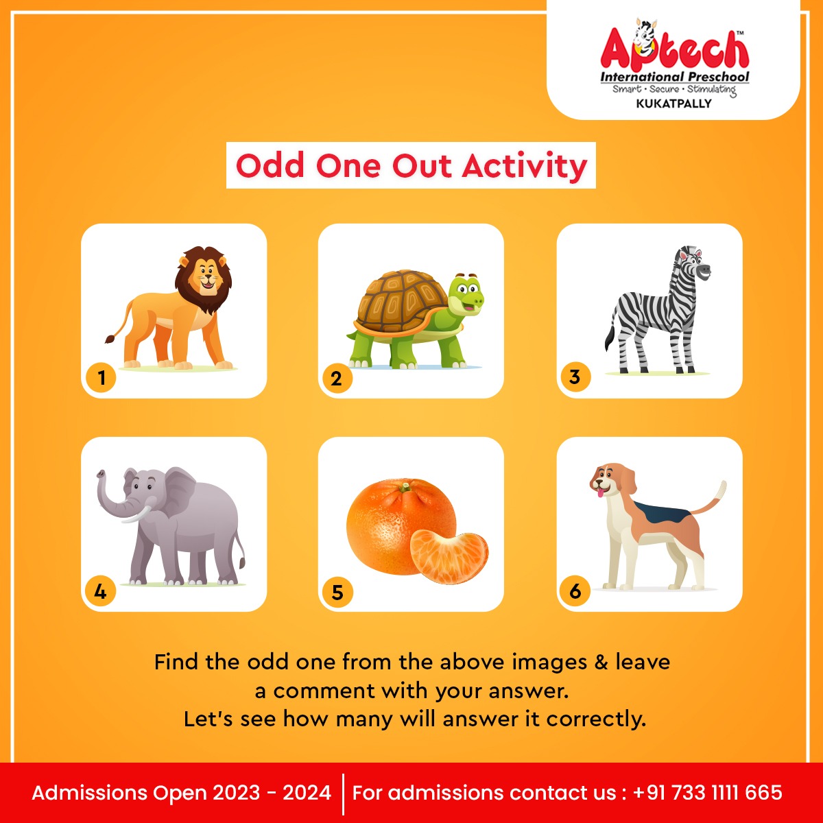 AptechPreschool's tweet photo. Our #Find the "Odd one Out" activity is another #example of building cognitive #skills in #kids from an #earlyage.

#Admissions are open
Call Us: +91 733 111 1665
Visit Us: https://t.co/S2yklQ9MuF

#AptechPreschoolKukatpally #Bestpreschool  #admissionopen2023_2024 #preschool https://t.co/U9q1fwSDAW