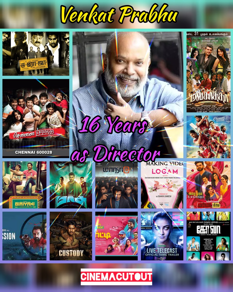 cinemacutout's tweet photo. The man of new trends @vp_offl #Venkatprabhu completes 16 years as a director.
#cinemacutout wishes him many many more successful years ahead.
#16yearsofVenkatPrabhu
#VPism
#VP https://t.co/NrmRNMQ6Om