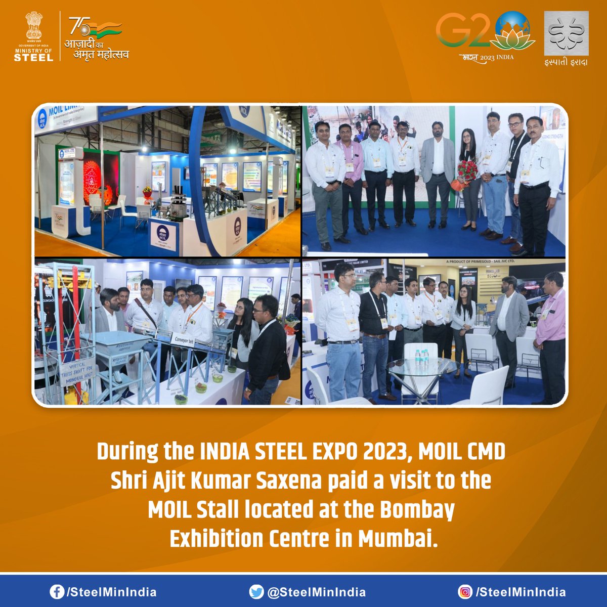 SteelMinIndia's tweet image. Check out MOIL's pavilion at the India Steel 2023 International Exhibition and Conference! 

@MOIL_LIMITED @indiasteelexpo 

#IndiaSteel2023 #IndiaSteelExpo2023 #MOIL #SteelSectorGrowth #SteelIndustry #IndianSteelIndustry #IspatiIrada #AtmanirbharBharat #Mumbai #NESCO