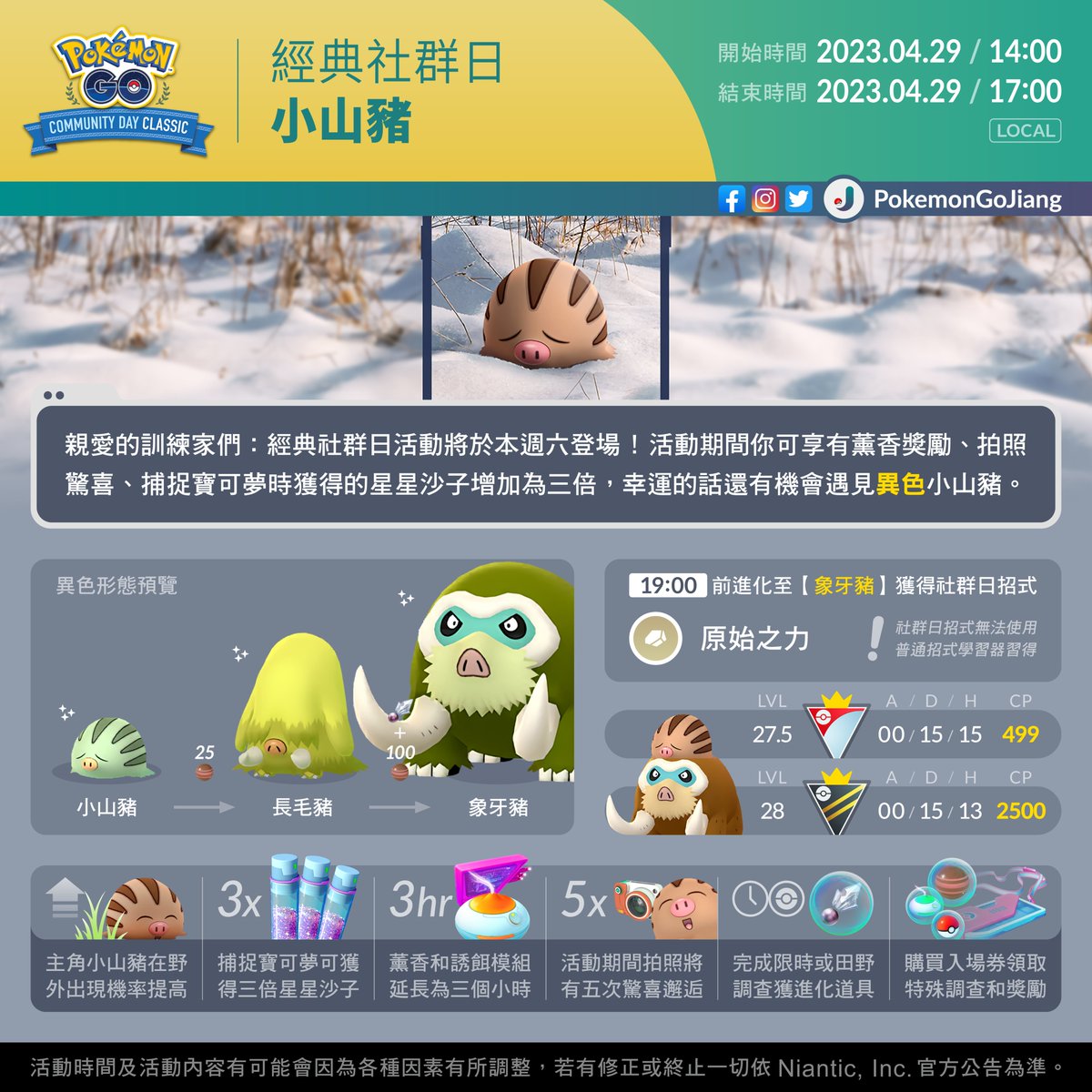 親愛的訓練家們：
一起回顧社群日的經典吧 ❄️

活動名稱：經典社群日 #小山豬
活動日期：2023年4月29日14:00 至 17:00 (Local)

⚠️有機會遇見異色✨小山豬✨
⚠️特殊調查入場券已在商店上架🎟️
⚠️習得社群日招式時間將持續至當日19:00

#PokemonGOCommunityDayClassic #Swinub