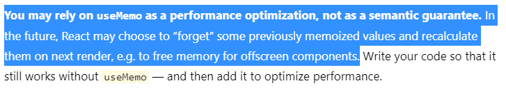 step__n's tweet photo. @dan_abramov I cannot find an equivalent to this in the new docs, is this piece of documentation on useMemo not true anymore? https://t.co/xNI9bJGxC2