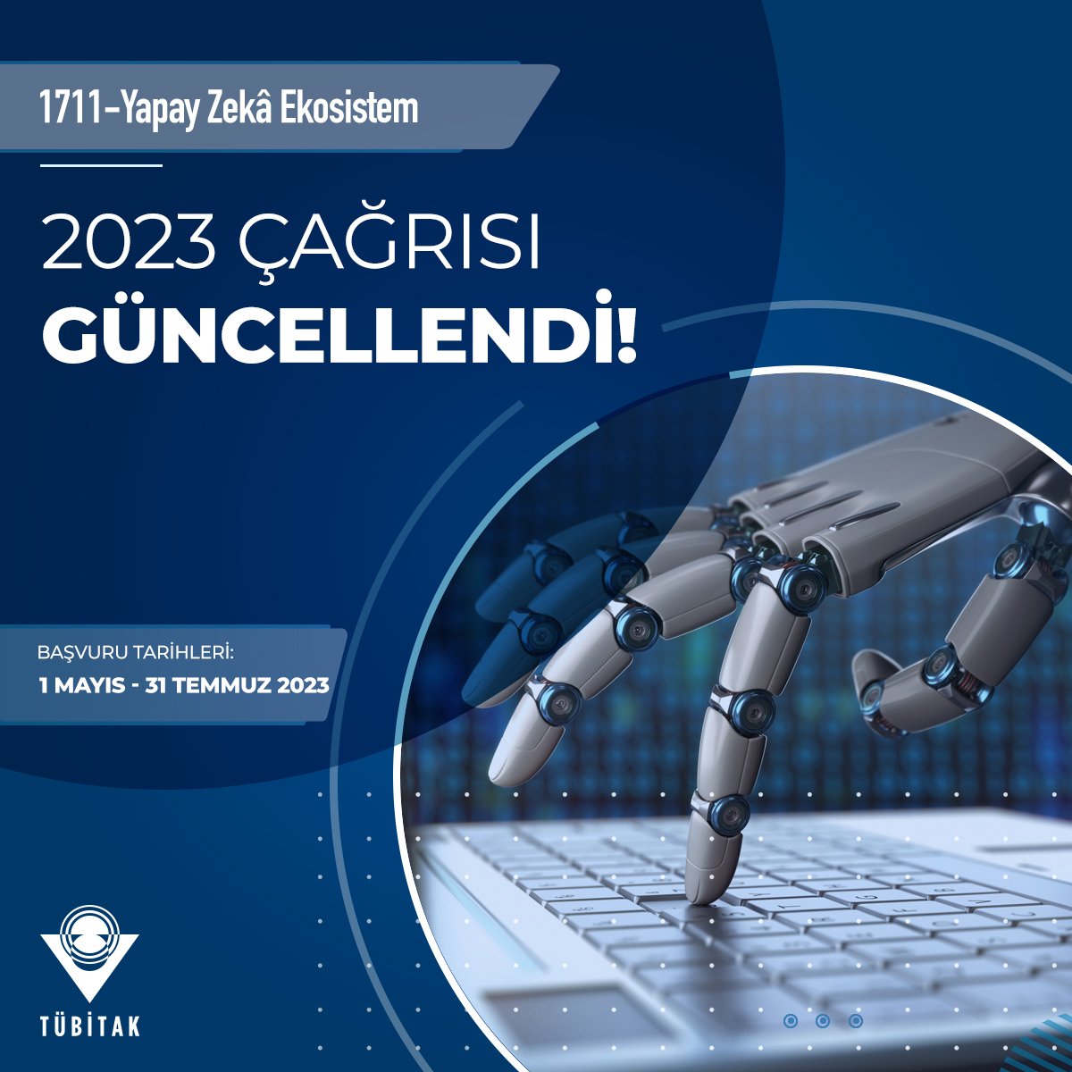 Tubitak's tweet photo. Yapay Zekâ Ekosistem 2023 Çağrısı Güncellendi!

Güncelleme kapsamında;

🦾 Akıllı Üretim Sistemleri,
👩‍🌾 Akıllı Tarım, Gıda ve Hayvancılık,
📈 Finans Teknolojileri (E-Ticaret dahil),
🍃 İklim Değişikliği ve Sürdürülebilirlik gibi öncelikli alanların yanı sıra;
🖥️ Akıllı Eğitim Teknolojileri de eklendi.

Detaylar:👇
https://t.co/CFoO3JFeU7