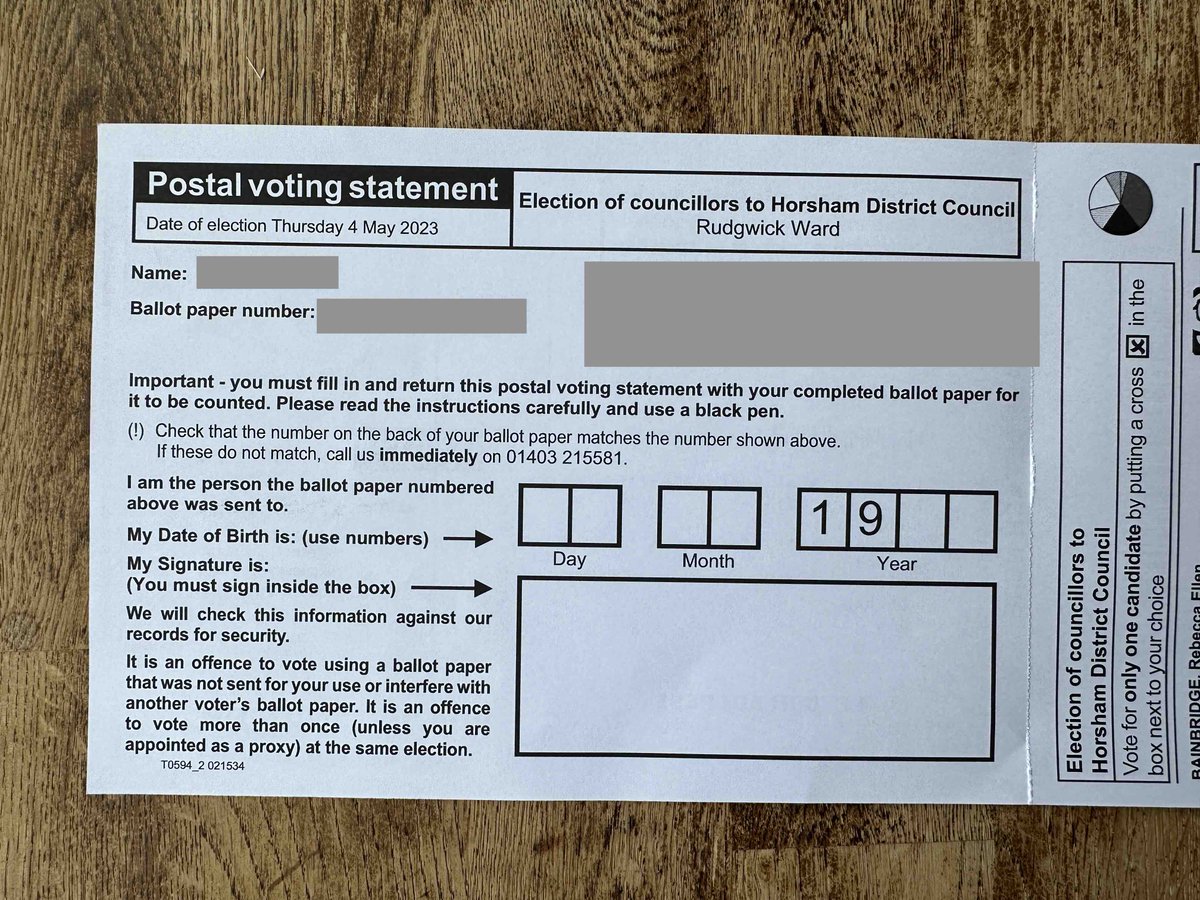 PhilHolcombe's tweet photo. Look at the DOB section of my postal vote.  I wonder why the Conservative controlled @HorshamDC seems to be subtly discouraging anyone below 24 from voting. @campbellclaret https://t.co/sV8GgZ9lmf