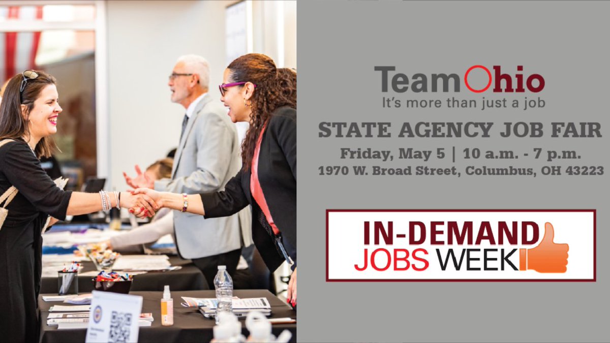 ➡️ This In-Demand Jobs Week, find the perfect career at the State Agency Job Fair with <a href="/ohgov/">Ohio.gov</a>!
The State of Ohio offers a wide range of employment opportunities. Make an impact with a career in public service &amp; better the lives of people in Ohio.

May 5 | 10 AM–7 PM
#InDemandOhio