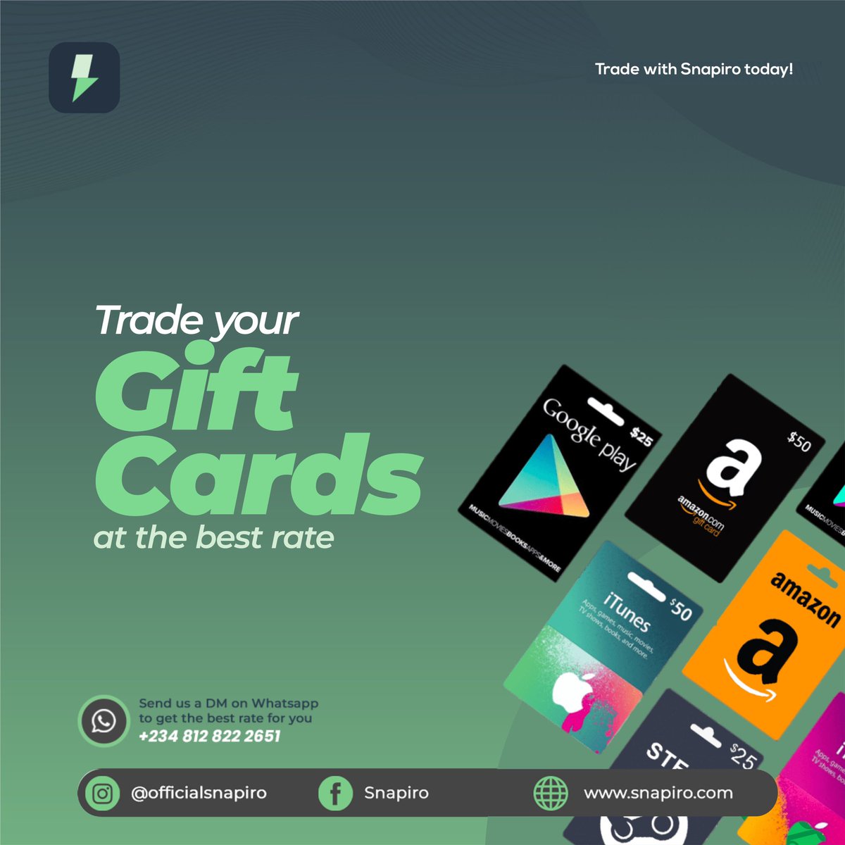 getsnapiro's tweet photo. Looking for a way to get more value out of your gift cards? Trade with us and get the best deals
#Snapiro #btc #bnb #eth #usdt #P2P https://t.co/ne1m6yumM0