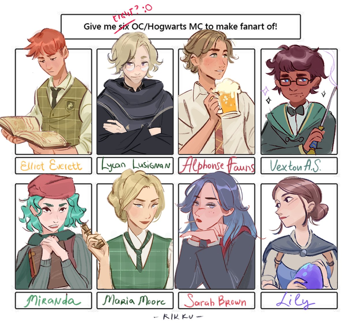 I'm back from vacation!! ANd here you go with your MCs :D I decided to make 8. Also, some of them I did on procreate on train and others were finished at home in PS. Hope you like these💕 #HogwartsLegacy