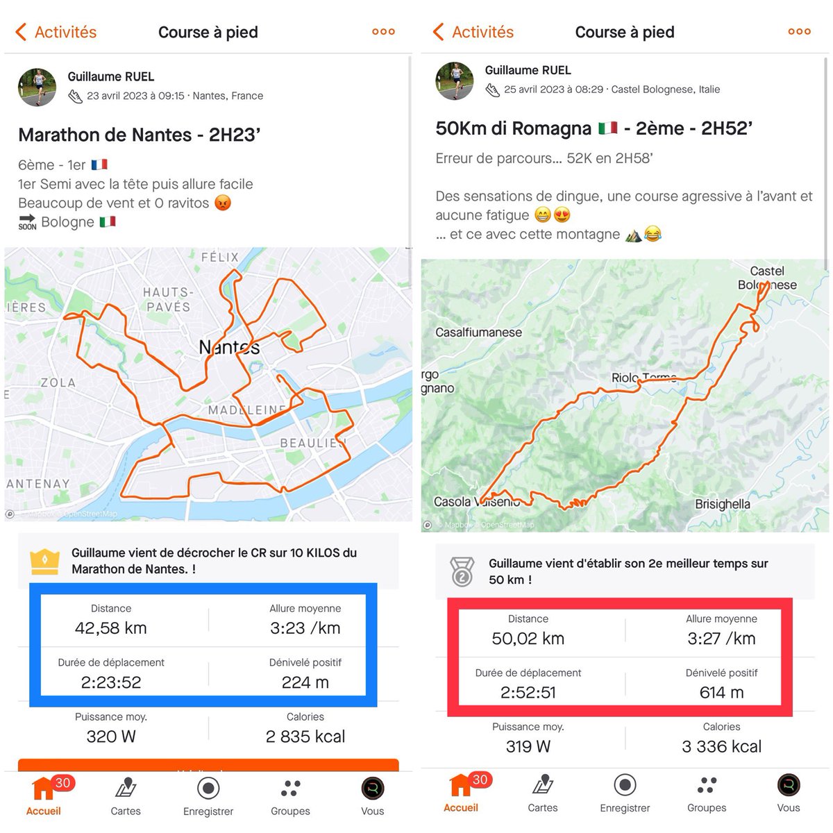 RUN_IX's tweet photo. 😳 Marathon le dimanche et course de 50 kilomètres le mardi ! Remarquable enchaînement par le recordman de France Guillaume Ruel (🇫🇷) ce week-end. En détails : 

➡️ Dimanche : marathon de Nantes couru en 2H23.52 – soit du 3:23/km de moyenne.

➡️ Lundi : footing de récupération de 6 kilomètres à 5:35/km de moyenne.

➡️ Mardi : 50 kilomètres de Romagna 🇮🇹 courus en 2H52.13 – soit du 3:27/km de moyenne. 

PS : Tentative de record du monde du 100 kilomètres le 21 mai au Japon. Objectif 👉 tenir une allure moyenne de 3:39/km de moyenne 😅