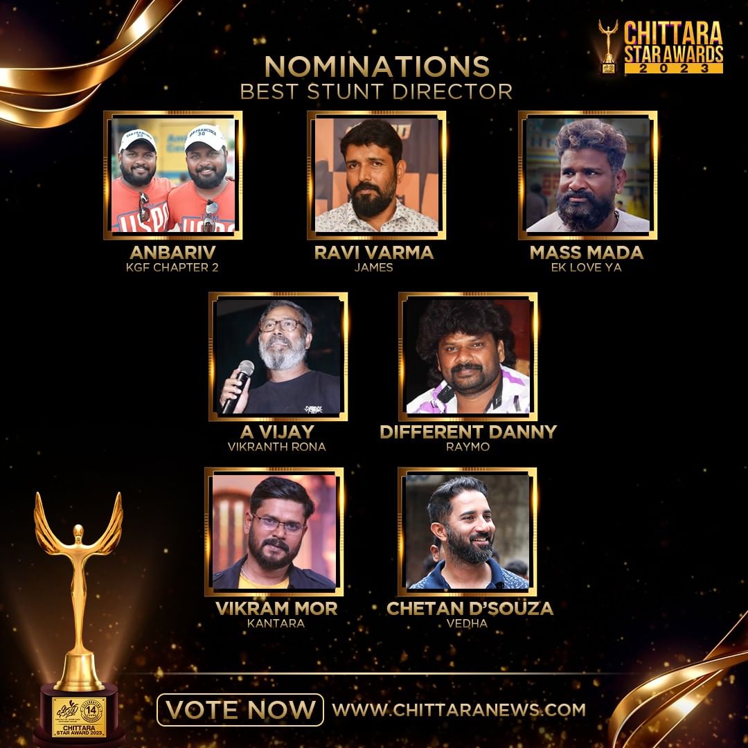 Chittaramedia's tweet photo. Who will get your precious vote to win the Best Stunt Director award?
Cast your VOTE NOW on https://t.co/CHll45eRJm
#Anbhariv #Ravivarma #MassMada #AVijay #DifferentDanny #VikramMor #ChethanDSouza
#ChittaraStarAwards2023 #BestStuntDirector #CSA2023 #ChittaraStarAwards https://t.co/A53WvAUclm