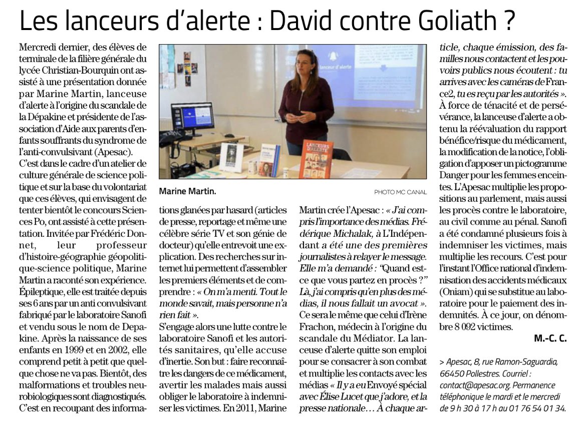 Retour dans @lindependant  sur l’intervention de la lanceuse d’alerte @_MarineMartin @apesac1  dans l’atelier culture générale et science politique
Merci 🙏 à M. Donnet pour cette opportunité offerte aux élèves
#sciencepolitique #lanceurdalerte