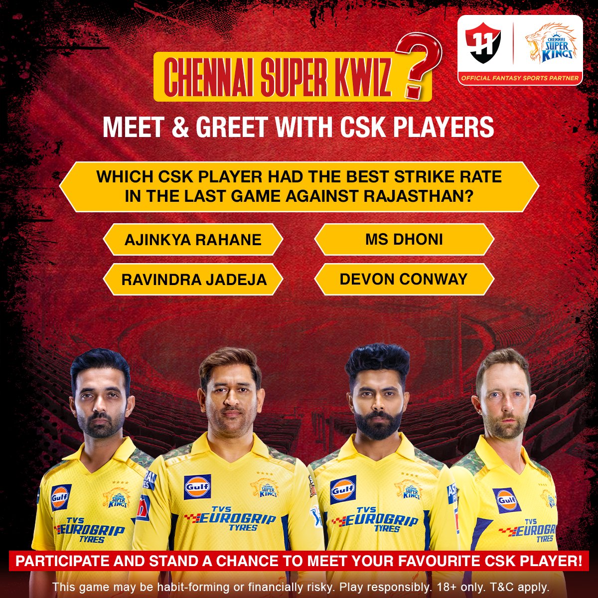 Vision11ofc's tweet photo. When the 💗 jerseys turned 💛, we all knew who was there 😌

Guess the Super Striker ❓

Download the official Vision11 app now 📲

#Vision11 #ChennaiSuperKings #CSK #RRvCSK https://t.co/jpZtMsIp5y