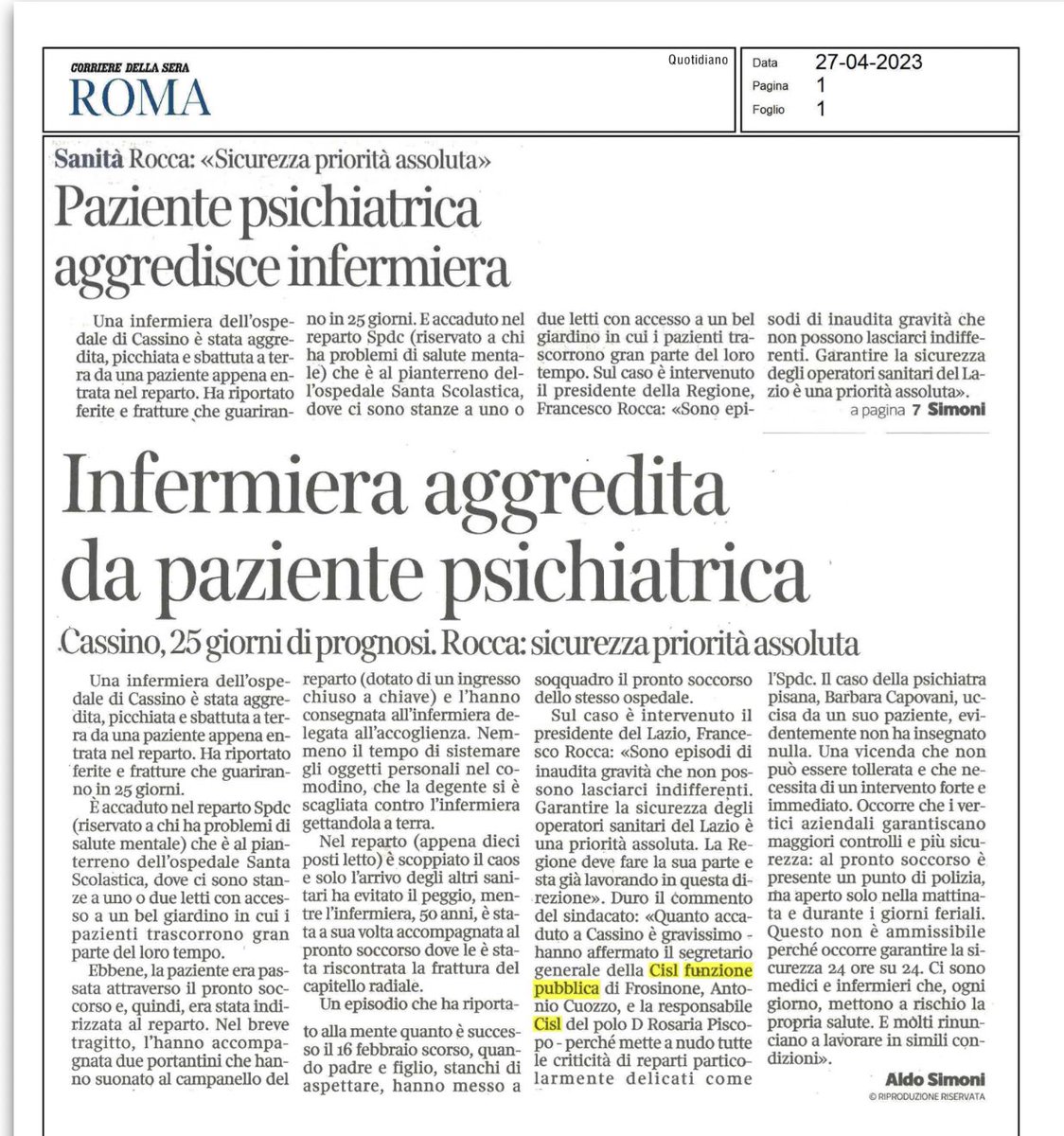CislFpFrosinone's tweet photo. #Cassino, #infermiera del reparto psichiatrico aggredita da una #paziente: #fratture e #lesioni. 
La #denuncia della @CislFpFrosinone e l'intervento del presidente della @RegioneLazio @roccapresidente 
🗞️Oggi #articolo su @corriereroma 👇 https://t.co/6UNW8EAtfy