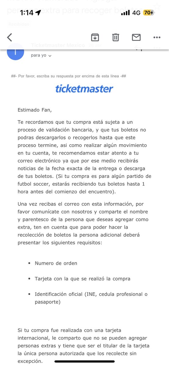 Fernand03627242's tweet photo. @Ticketmaster_Me por décima vez hice mi solicitud para autorizar a otra persona y me llegó este correo. Ahora no sé si tengo que esperar a que me lleguen los boletos o ir a recogerlos. Este correo me protege de que no me cancelen los boletos por no recogerlos 48 hrs antes? https://t.co/Gjfm3uK5db