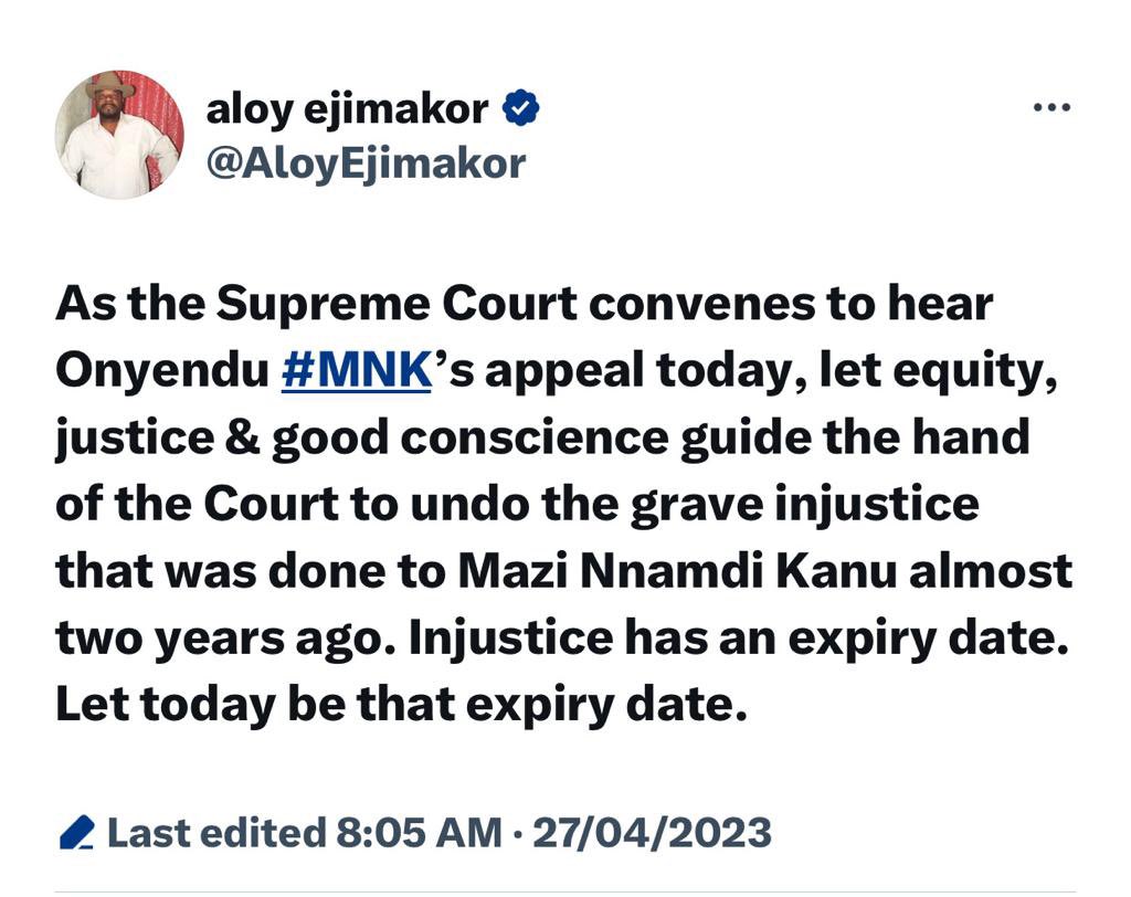 BRGIE UPDATE! 

The appeal before the Supreme Court. According to the Special counsel. “It took a lot of efforts to get this date and it came suddenly” 

The Old Eastern region governors will still hear from us officially or face 2 weeks lockdown of Biafra territory.
